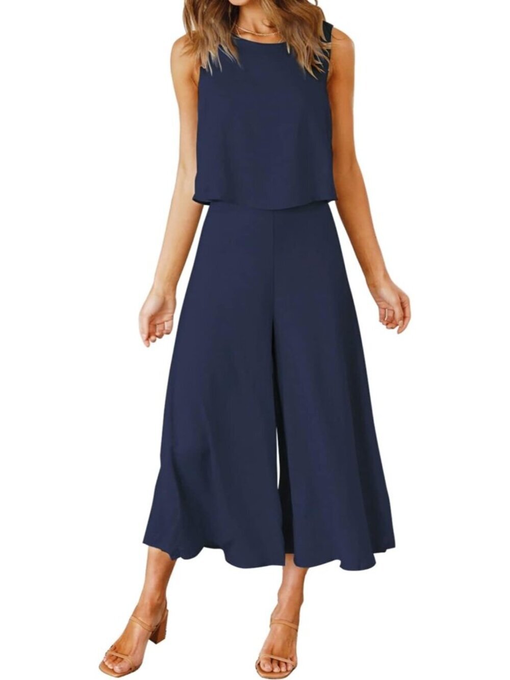 Women's Summer 2 Piece Navy Blue Round Neck Crop Top Cropped Wide Leg Jumpsuit